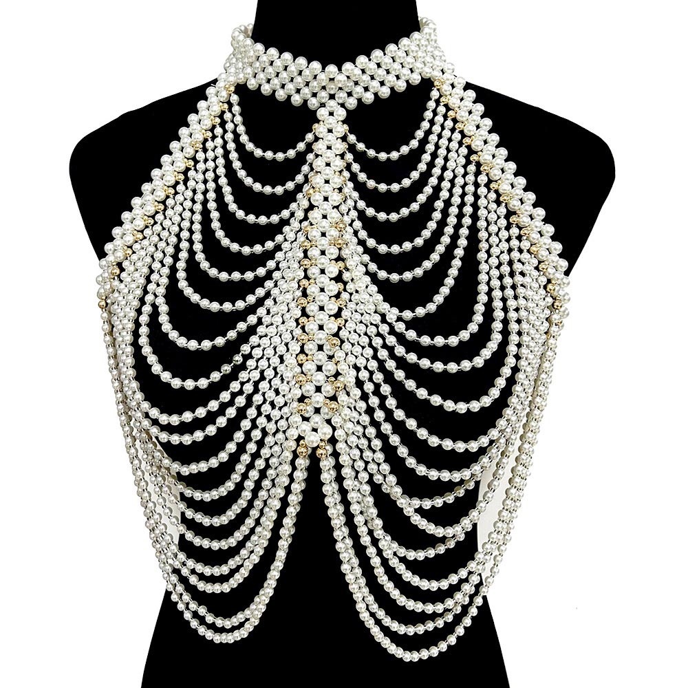 Cream & Gold Draped Pearl Body Chain Statement Necklace